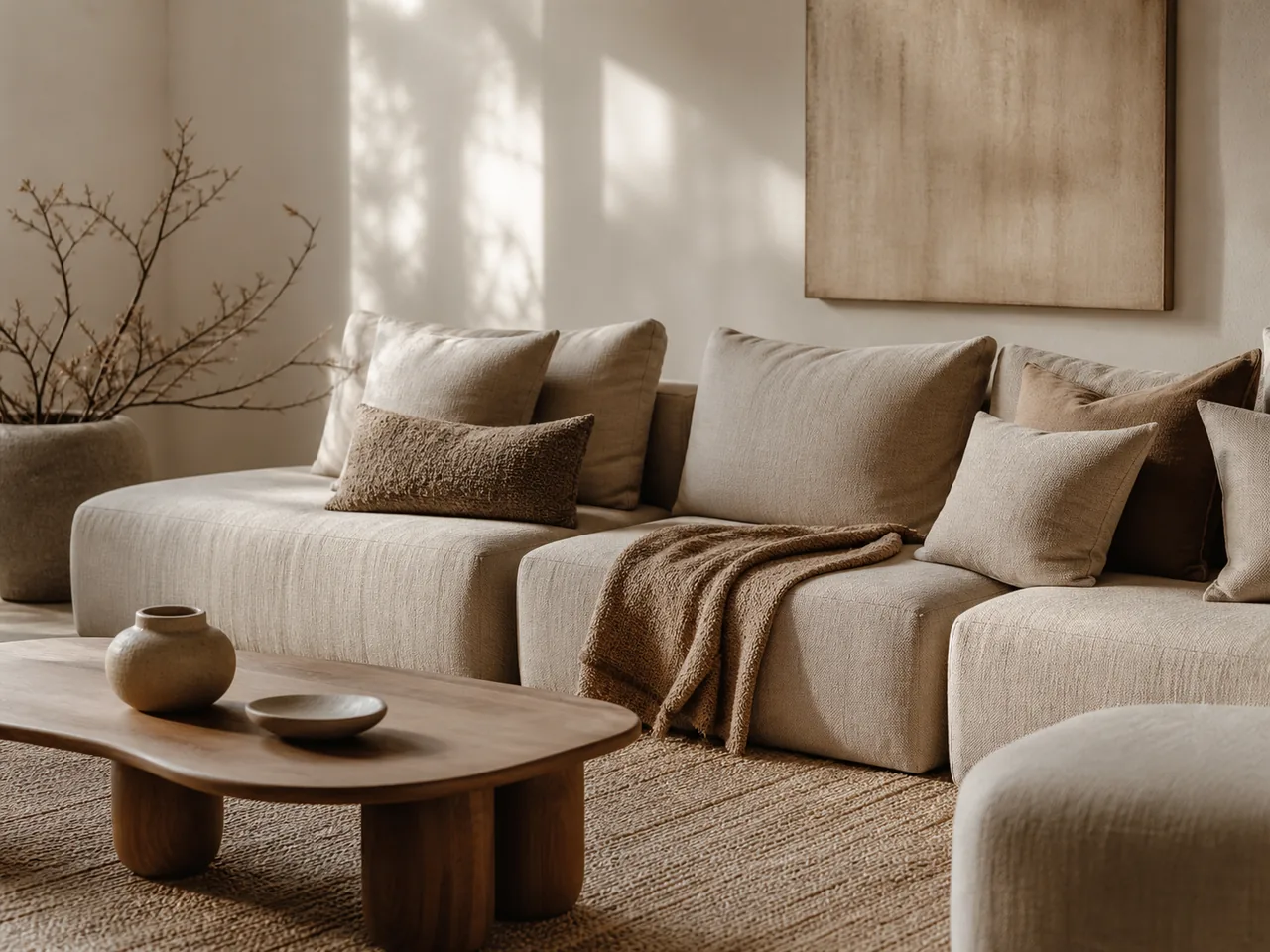 Canapé modulable cosy dans un salon minimaliste aux tons naturels