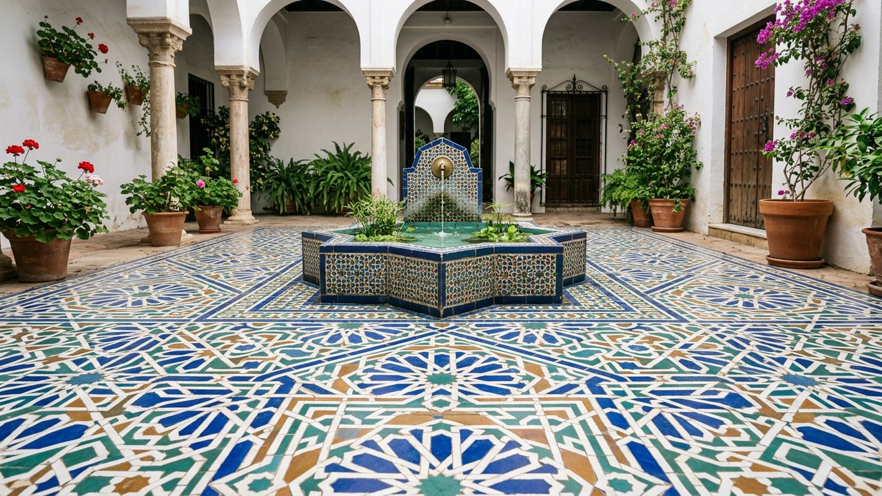 Carrelage décoratif d'inspiration mauresque dans un patio espagnol traditionnel
