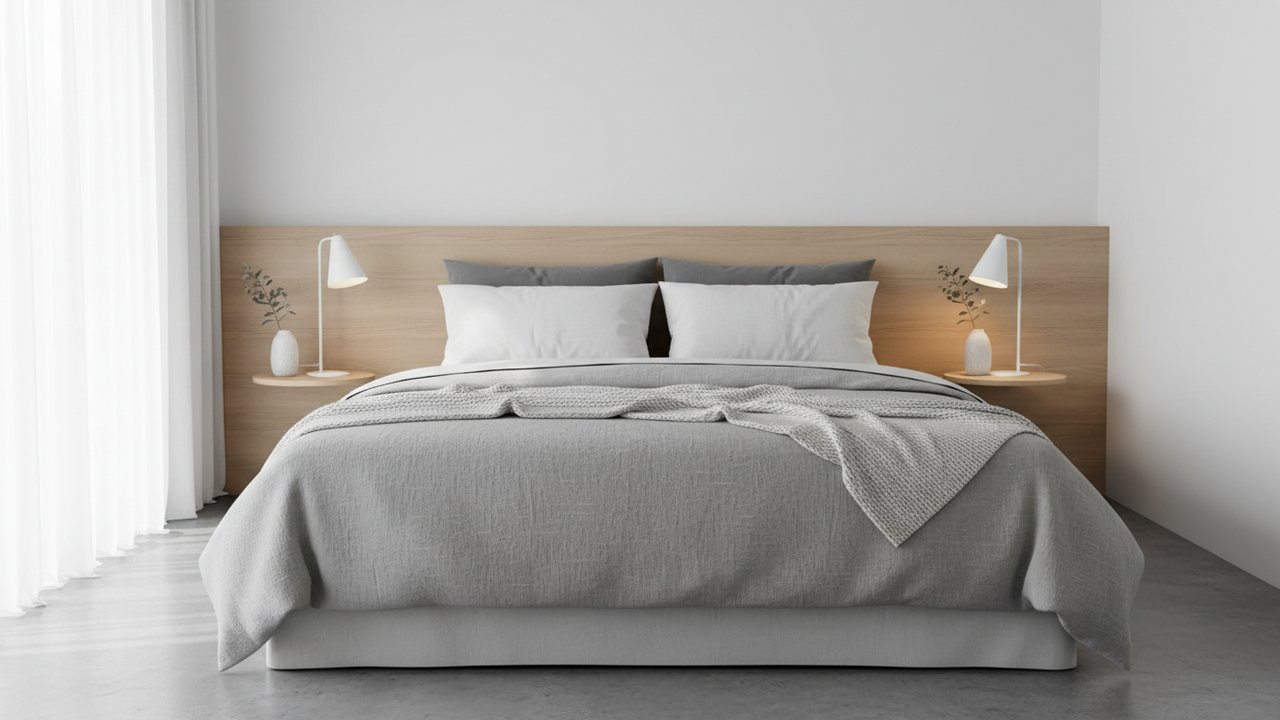 Lit dans une chambre aux tons gris et blanc apaisants