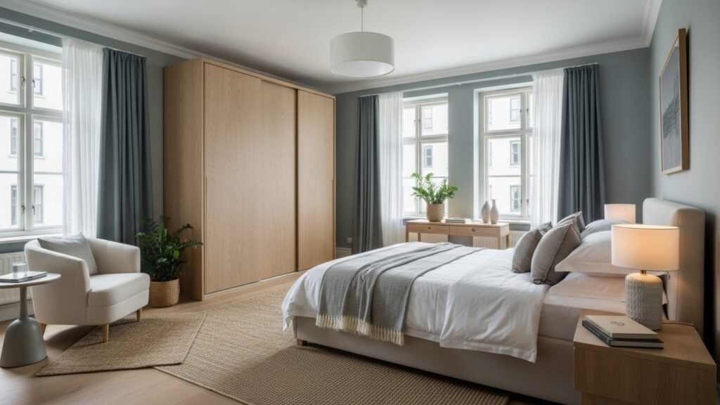 Chambre bien meublée avec lit, armoire et rangements organisés