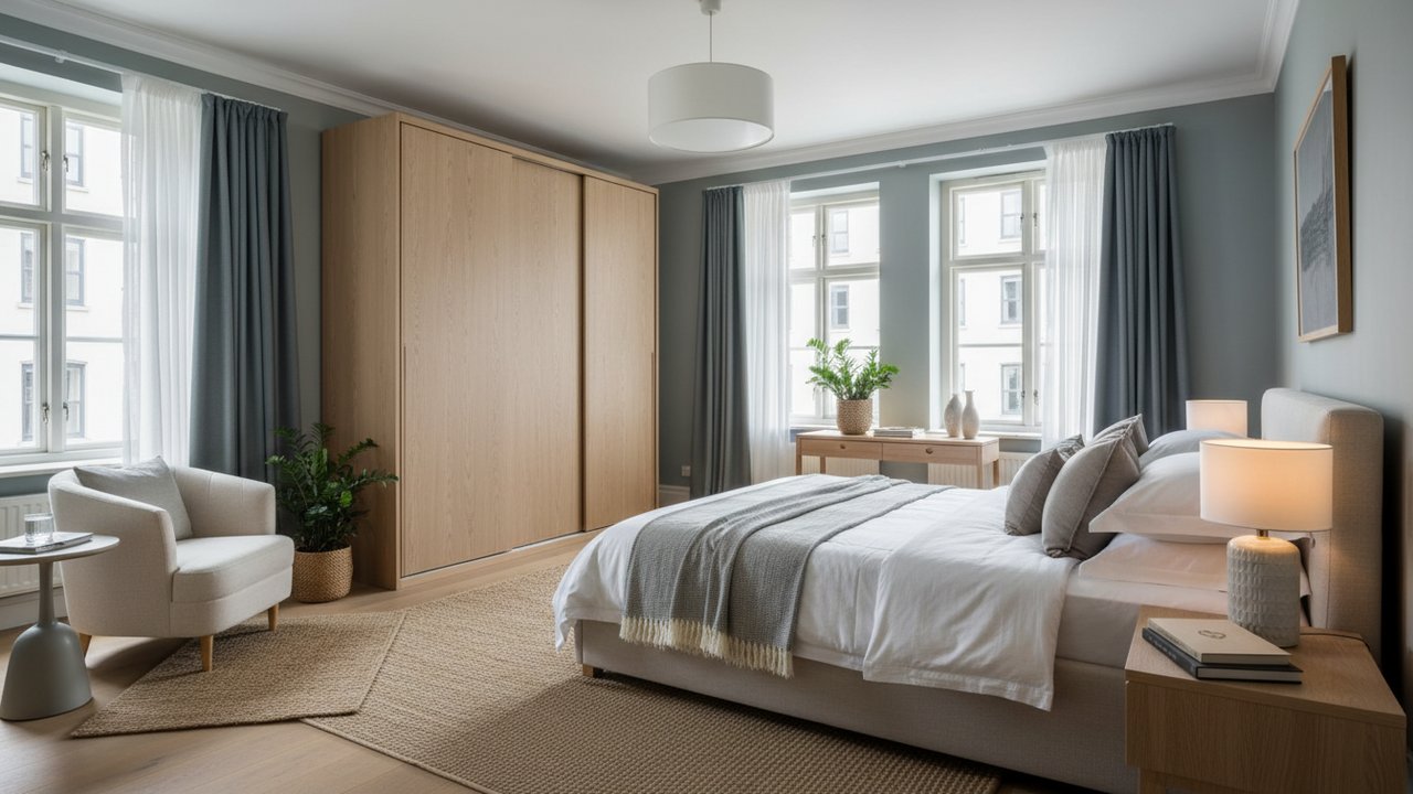 Chambre bien meublée avec lit, armoire et rangements organisés