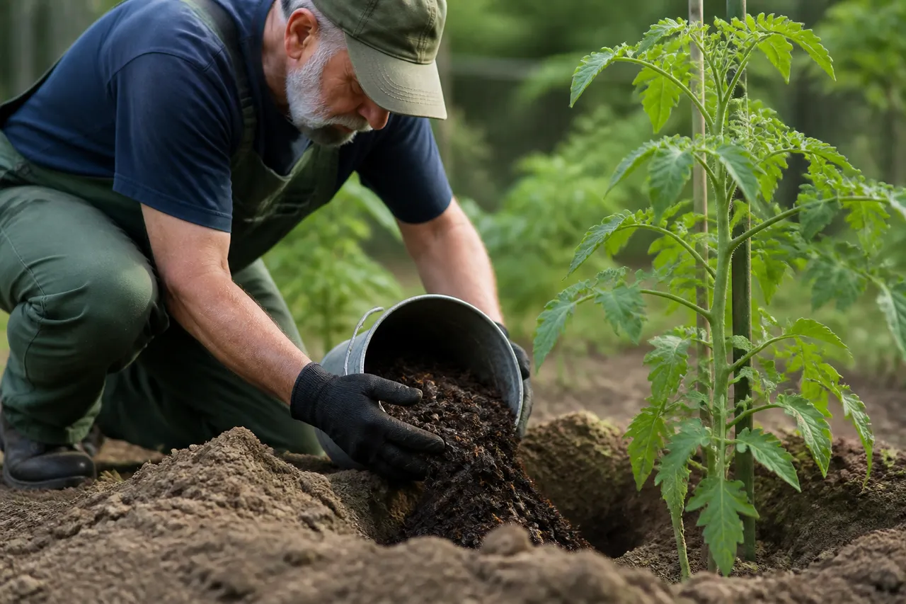 Compost au pied des tomates avant plantation