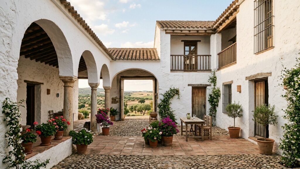 Cortijo andalou typique avec façade blanche et patio central