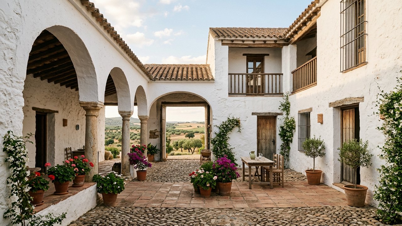 Cortijo andalou typique avec façade blanche et patio central