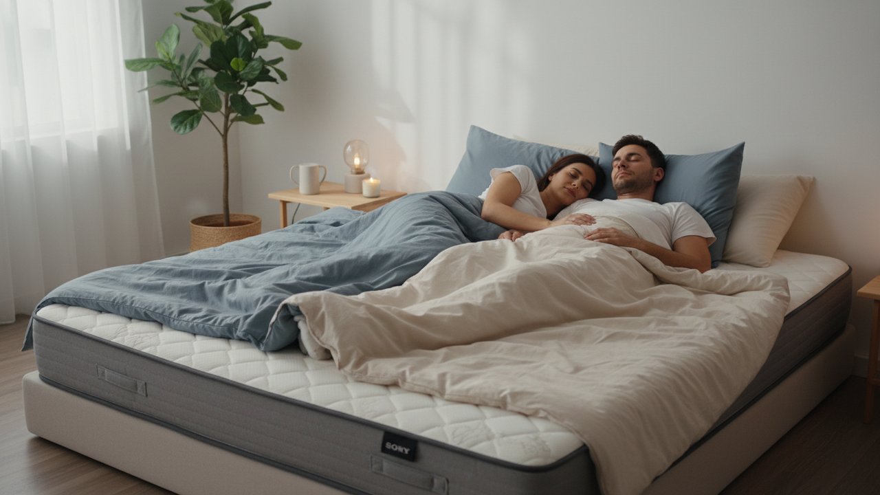 Couple dormant confortablement sur un matelas hybride avec couettes individuelles