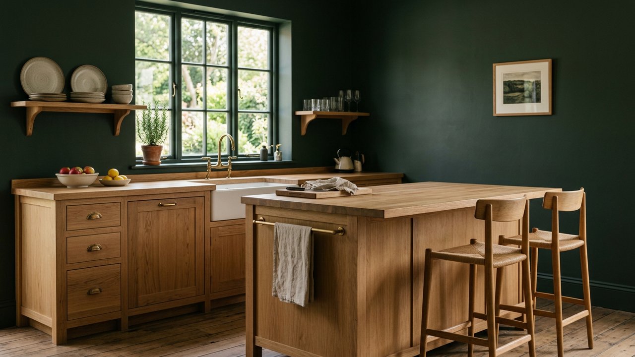 Cuisine avec murs vert forêt et meubles en bois clair