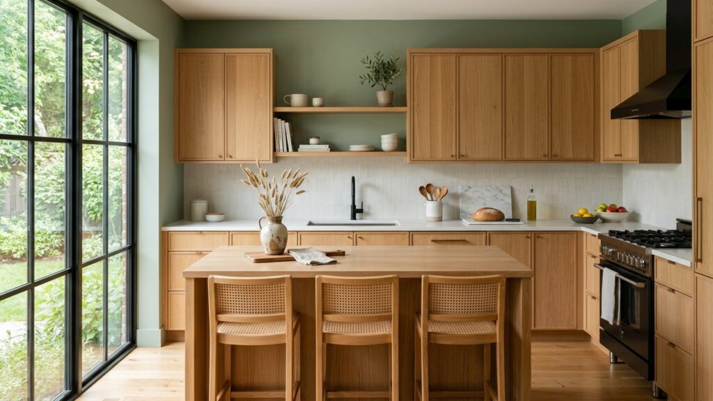 Cuisine avec murs vert sauge et meubles en bois naturel