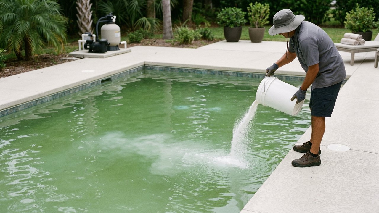 Eau de piscine trouble et verte en cours de filtration après chlore choc