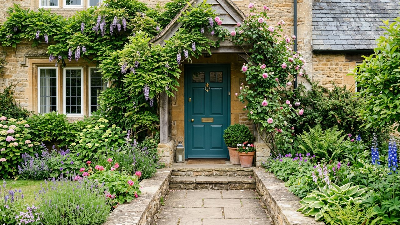 Façade de maison avec plantes grimpantes et massifs d'entrée
