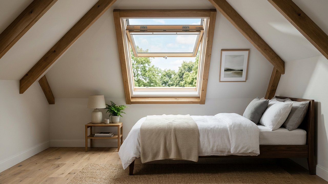 Fenêtre de toit VELUX installée dans une chambre sous combles