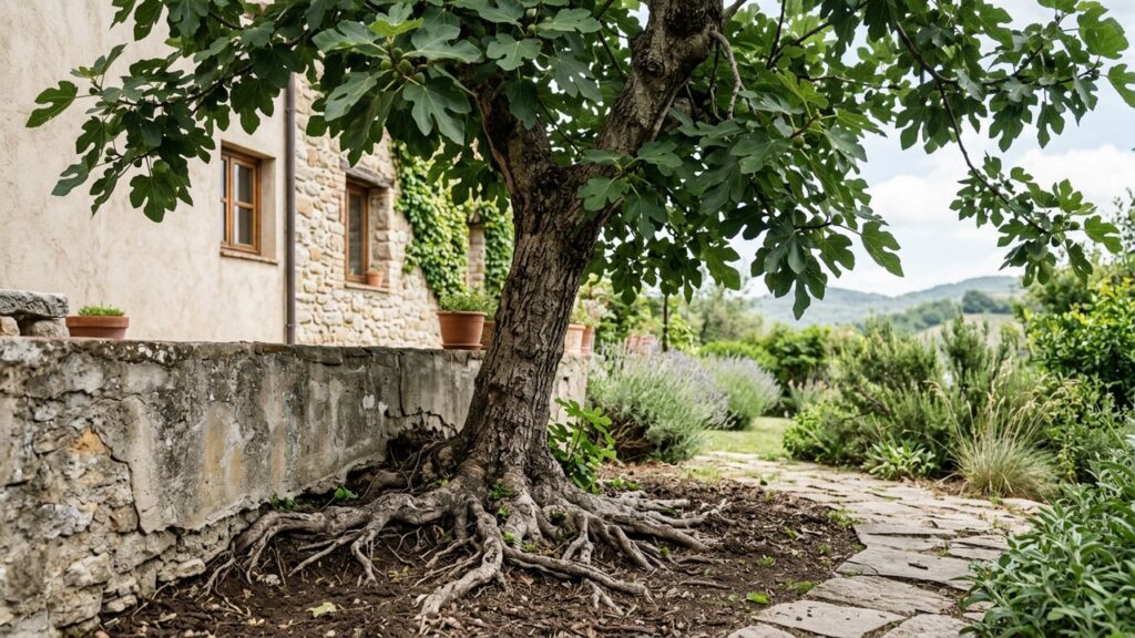 Figuier planté à distance de la maison avec système racinaire visible
