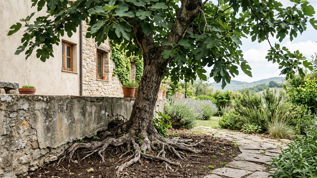 Figuier planté à distance de la maison avec système racinaire visible