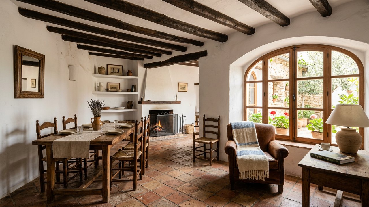 Intérieur traditionnel espagnol avec poutres apparentes et tomettes en terre cuite