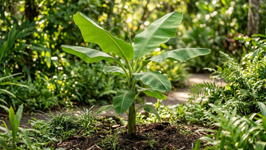 Jeune bananier avec de grandes feuilles vertes en pleine croissance