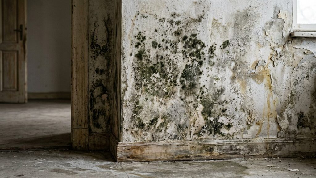 Mur humide avec traces d'humidité et moisissures nécessitant une isolation