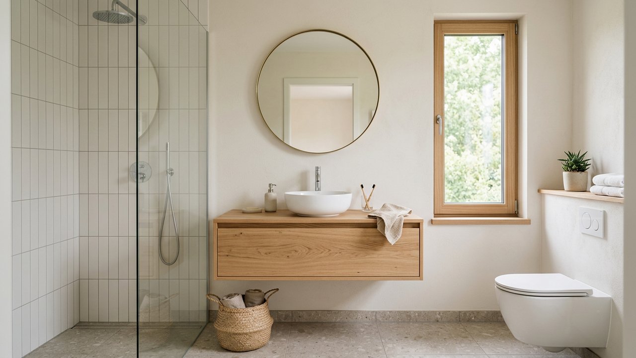 Petite salle de bain avec meuble suspendu et finitions bois clair
