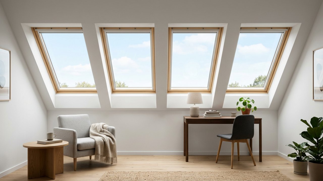 Plusieurs fenêtres de toit VELUX éclairant une pièce sous combles