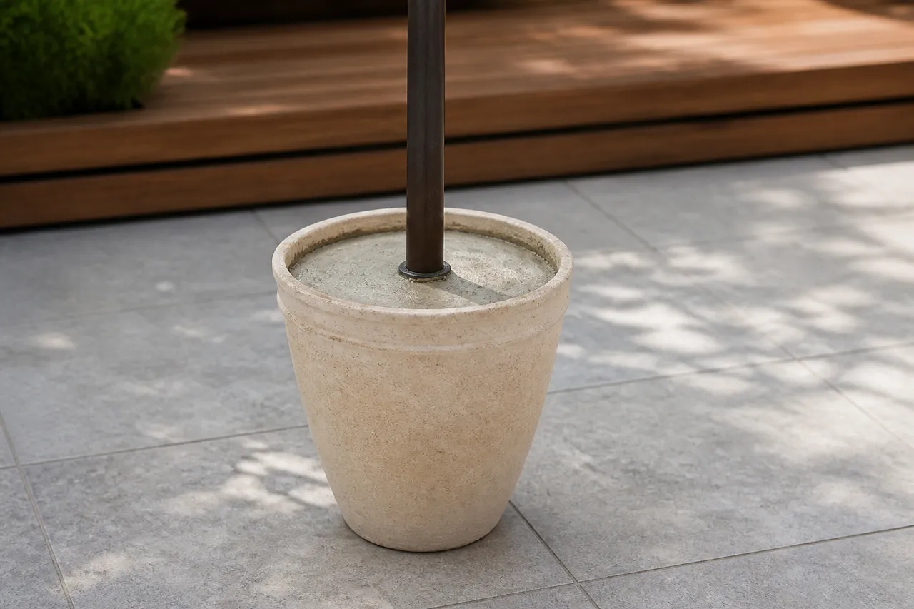 Grand pot de fleurs rempli de béton pour pied de parasol