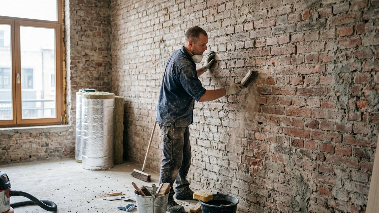 Préparation d'un mur humide mis à nu avant isolation