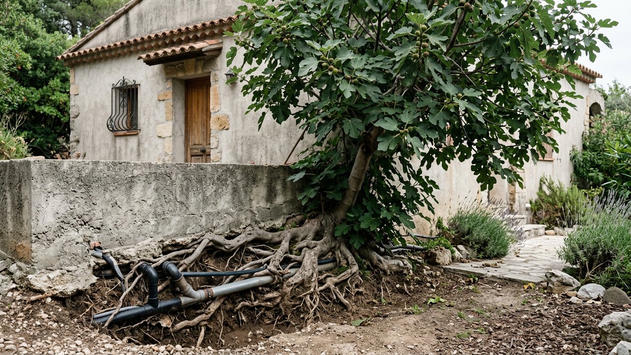 Racines de figuier envahissantes près des fondations et canalisations