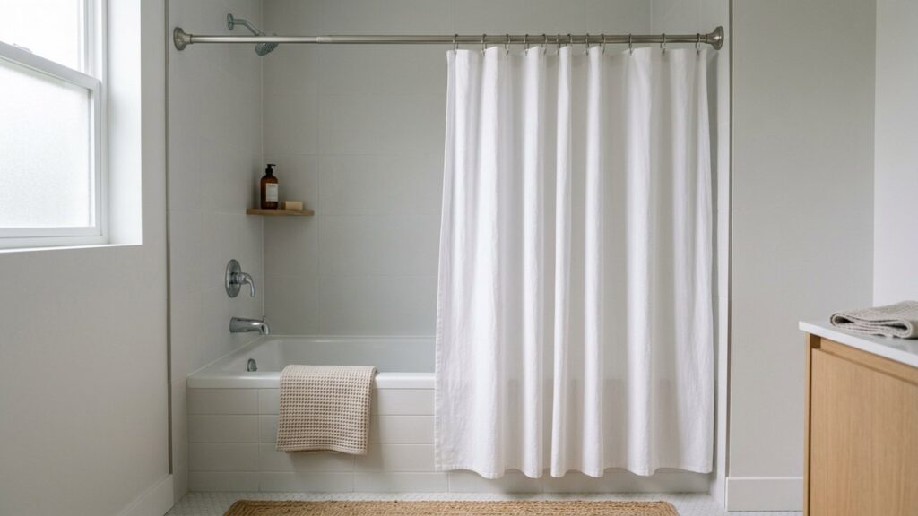 Rideau de douche et barre installés au-dessus d'une baignoire