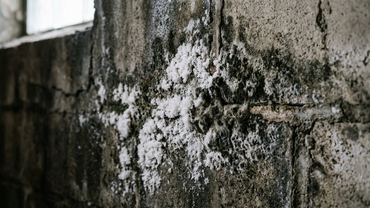Salpêtre et moisissures sur un mur humide de cave