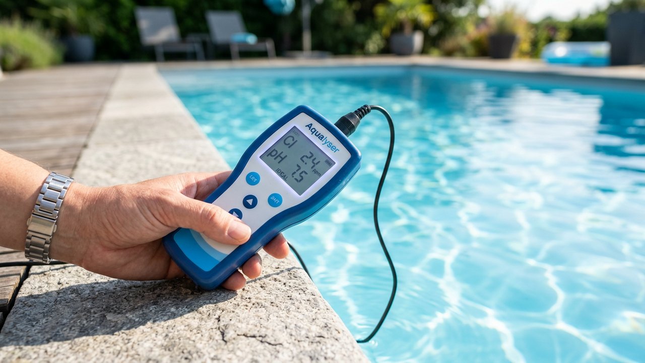 Test de l'eau de piscine montrant les niveaux de chlore et pH