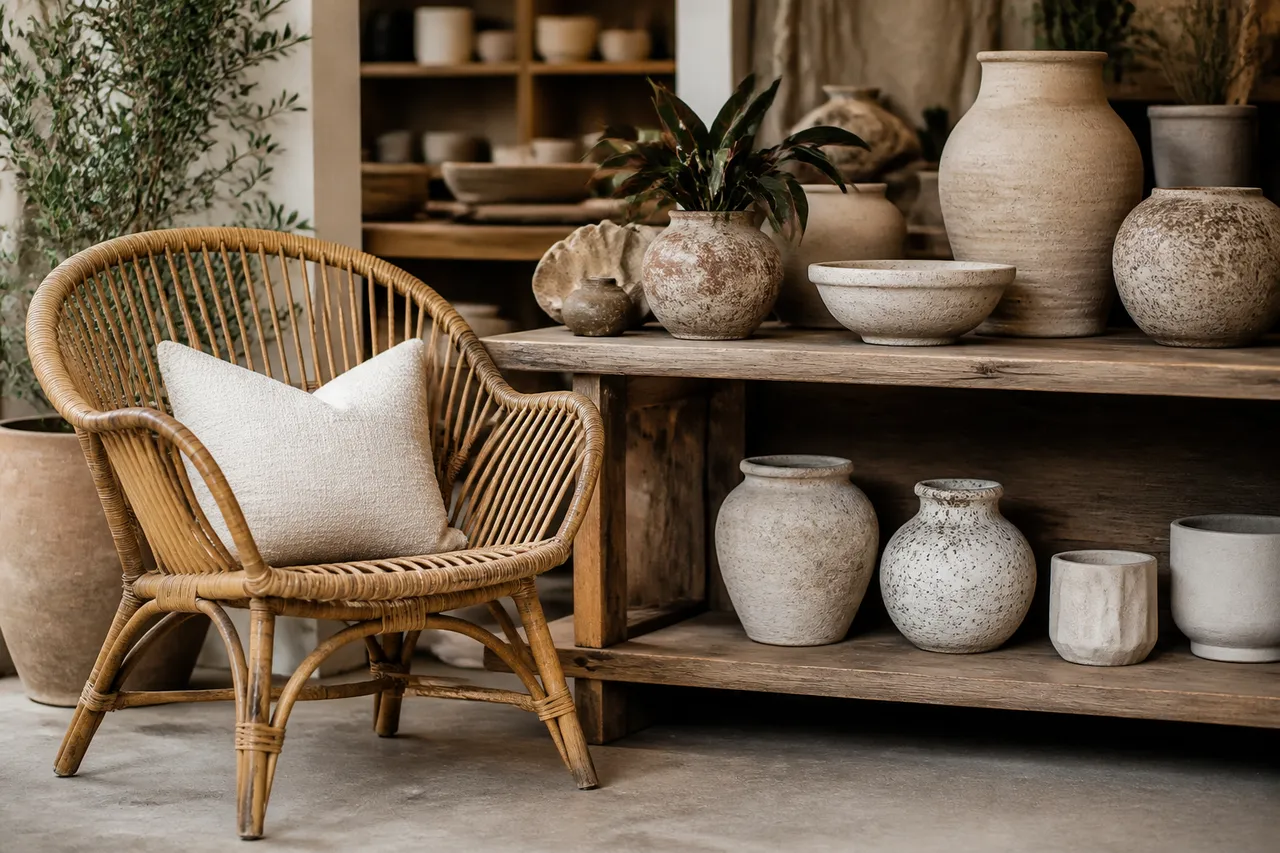 Boutique de décoration bohème avec rotin, bambou et poteries artisanales