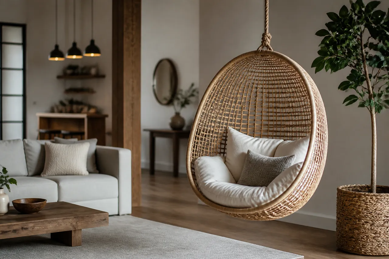 Fauteuil suspendu en déco bohème avec coussins dans le salon