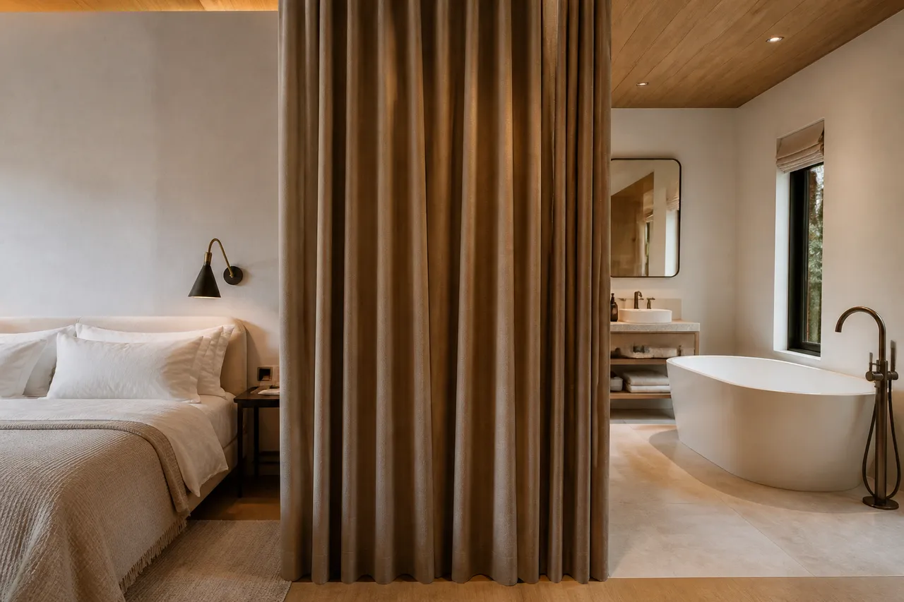 Séparation chambre salle de bain avec rideau occultant